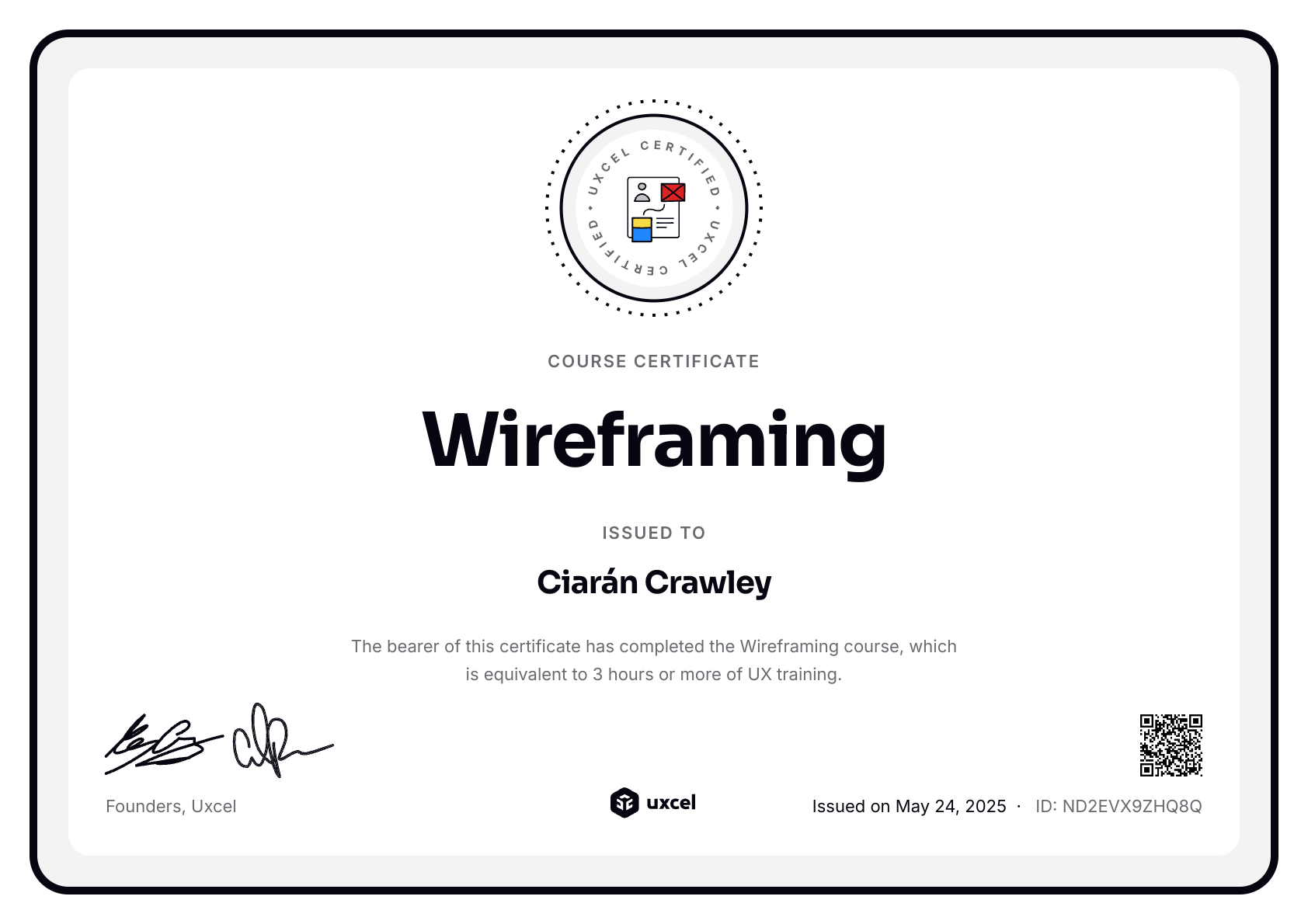 Ciarán Crawley's certificate